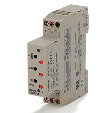 Element czasowy, montaż na szynę DIN, 17,5 mm, 24-230 VAC/24-48 VDC, włączanie/migotanie/interwał/opóźnienie o jeden strzał, 0,1 s-120 h, SPDT, 5 A (H3DS-SL AC/DC) - Omron