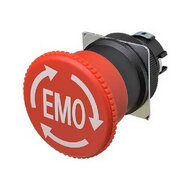 Wyłącznik awaryjny, niepodświetlany, średnica 40 mm, pchający/obrotowy, IP65, nadruk "EMO" i strzałki w kolorze białym (A22NE-MRO-N) - Omron