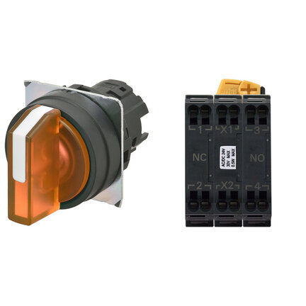 Selektor A22NW śr. 22, 3 pozycyjny, podświetlany, ramka PLASTIKOWA, RĘCZNY, kolor ORANGE, LED ORANGE, 1NO1NC, 24 VDC, terminal pchający (A22NW-3BM-TOA-P102-OC) - Omron