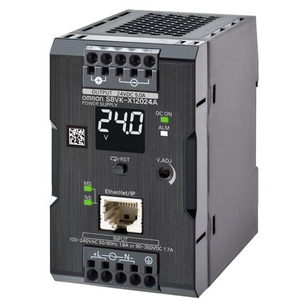 Zasilacz książkowy, 120 W, 24 VDC, 5 A, montaż na szynie DIN, terminal pchający, powlekany, wyświetlacz, zgodność z Ethernet IP / Modbus TCP (S8VK-X12024A-EIP) - Omron