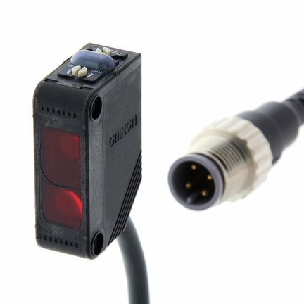 Czujnik fotoelektryczny, prostokątna obudowa, czerwona dioda LED, tłumienie tła, 200 mm, PNP, Light-ON/Dark-ON, złącze pigtail M12, 0,3 m (E3Z-LS81-M1J 0.3M) - Omron