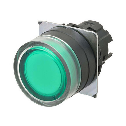 Przycisk A22NZ o średnicy 22 mm, ramka z tworzywa sztucznego, pełna osłona, chwilowy, kolor pokrywy zielony przezroczysty, podświetlany (A22NZ-BGM-TGA) - Omron