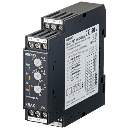 Przekaźnik monitorujący o szerokości 22,5 mm, 1-fazowy nadnapięciowy lub podnapięciowy od 1 do 150 V AC lub DC, dwa SPDT, 24 VAC/DC (K8AK-VW2 24VAC/DC) - Omron