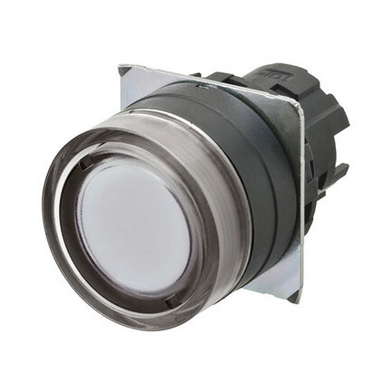 Przycisk A22NZ o średnicy 22 mm, ramka z tworzywa sztucznego, pełna osłona, chwilowy, kolor pokrywy biały przezroczysty, podświetlany (A22NZ-BGM-TWA) - Omron
