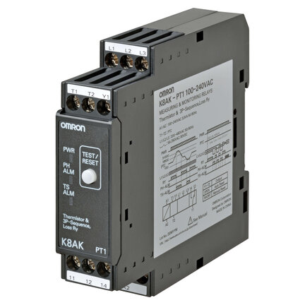 Przekaźnik monitorujący o szerokości 22,5 mm, monitorowanie temperatury, kwadratura faz i utrata fazy, 100 do 240 VAC, jeden SPDT (K8AK-PT1 100-240VAC) - Omron