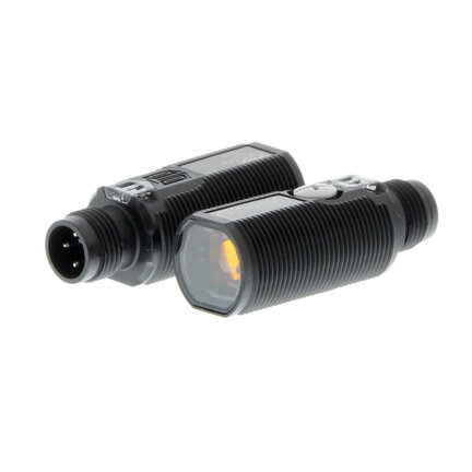 Czujnik optyczny zaporowy, gwint M18, tworzywo sztuczne, czerwona dioda LED, wiązka przelotowa, 15 m, NPN, Light-ON/Dark-ON, złącze M12 (E3F1-TN21) - Omron