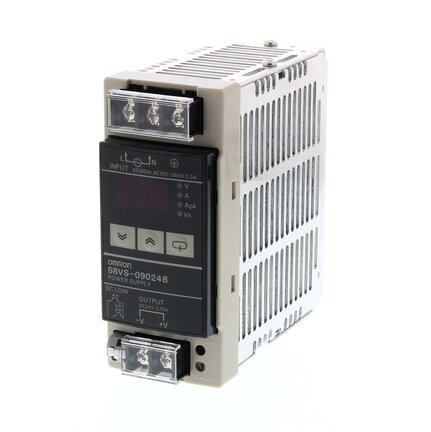 Zasilacz, 90W, wejście 100-240 VAC, wyjście 24 VDC 3.75A, montaż na szynie DIN, cyfrowy wyświetlacz z napięciem i prądem roboczym (S8VS-09024A) - Omron
