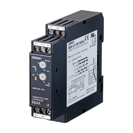 Przekaźnik monitorujący o szerokości 22,5 mm, przewodząca kontrola poziomu cieczy, 10k do 100k Ohm, jeden SPDT, 24VAC/DC (K8AK-LS1 24VAC/DC) - Omron