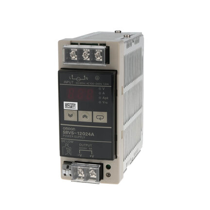Zasilacz, 120 W, wejście 100 do 240 VAC, wyjście 24VDC 5A, montaż na szynie DIN, wyświetlacz cyfrowy z napięciem i prądem roboczym (S8VS-12024A) - Omron