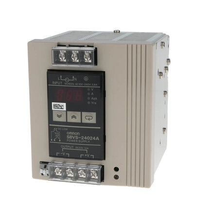 Zasilacz, 240W, wejście 100/240 VAC, wyjście 24VDC 10A, montaż na szynie DIN, cyfrowy wyświetlacz z napięciem i prądem roboczym (S8VS-24024A) - Omron
