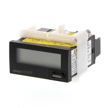 Licznik czasu, 1/32DIN (48 x 24 mm), z własnym zasilaniem, LCD, 7-cyfrowy, 999h59m59s / 9999h59.9m, wejście no-V, czarna obudowa (H7ET-N1-B) - Omron