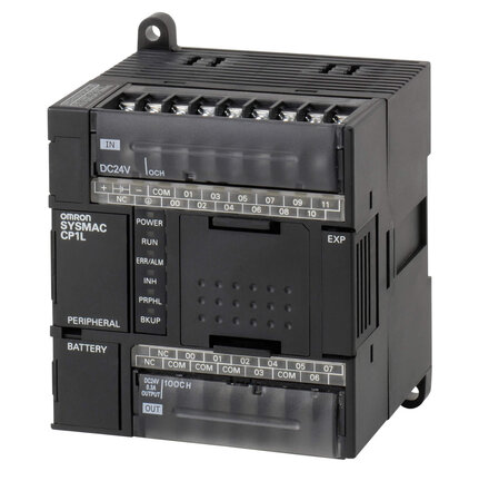 PLC, zasilanie 24 VDC, wejścia 12 x 24 VDC, wyjścia 8 x PNP 0,3 A, program 5K kroków + pamięć danych 10K słów (CP1L-L20DT1-D) - Omron