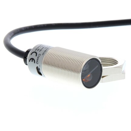 Czujnik fotoelektryczny, gwint M18, metalowy, czerwona dioda LED, tłumienie tła, 100 mm, PNP, Light-ON/Dark-ON, kabel 2 m (E3FB-LP11 2M) - Omron