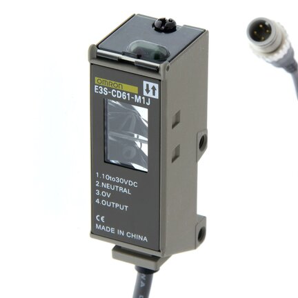Czujnik fotoelektryczny, rozproszony, 2 m, DC, 3-przewodowy, NPN/PNP, pionowy, kabel 0,3 m ze złączem M12 (E3S-CD62-M1J 0.3M) - Omron