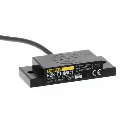 Wyłącznik zbliżeniowy, pojemnościowy, płaski, nieekranowany, 10 mm, DC, 3-przewodowy, NPN-NO, kabel 2 m (E2K-F10MC1 2M) - Omron