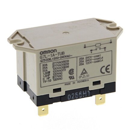 Przekaźnik mocy, szybkozłączne terminale, górny Kątownik mocujący, SPST-NO, 30 A, 200/240 VAC (G7L-1A-TUB 200/240VAC) - Omron