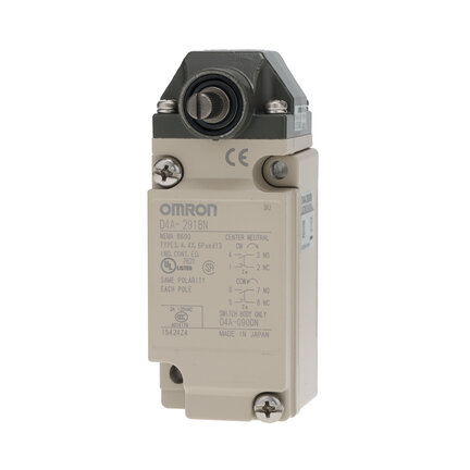 Wyłącznik krańcowy, czterobiegunowy, dwuprzerwowy, środek neutralny, bez wskaźnika, dźwignia z rolką (D4A-2918N) - Omron
