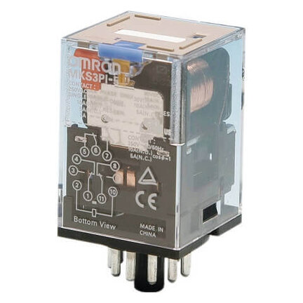 Przekaźnik, Wtyczka, 11-stykowy, 3PDT, 10 A, wskaźnik mechaniczny, przycisk testowy (MKS3PI-5 12VDC) - Omron