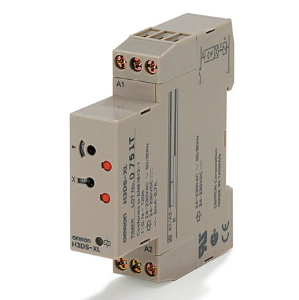 Element czasowy, montaż na szynę DIN, 17,5 mm, 24-230 VAC/VDC, opóźnienie włączenia, 0,1 s-120 h, wyjście SCR 0,7 A, 2-przewodowe przyłącze dla przepływu medium (H3DS-XL) - Omron