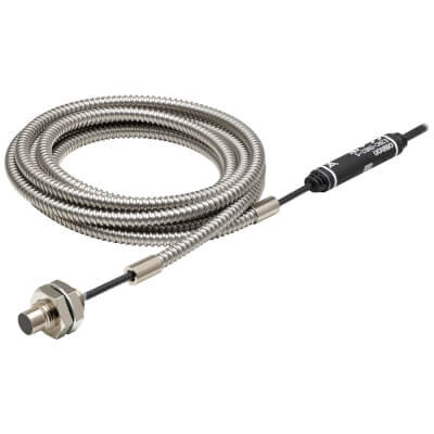 Głowica czujnika, ekranowana, obudowa M10, odległość wykrywania 2 mm, dokładność powtarzania 2 µm, kabel 2,6 m z ochronną rurką spiralną (E2NC-EM02-S) - Omron