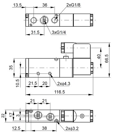 Elektrozawór 5/2 G1/4, 115V AC, monostabilny - PNEUER