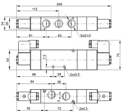 Elektrozawór 5/3 G1/2 w poł. środkowym zasilony 230V AC - PNEUER