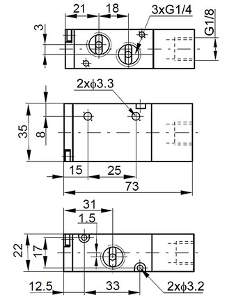 Zawór pneumatyczny 3/2 (NC) G1/4", powrót powietrzem i sprężyną