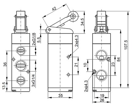 Zawór sterowany dźwignią z rolką 5/2 G1/4 - PNEUER