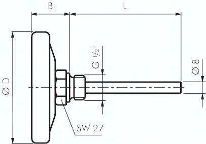 Termometr bimetalowy, poziomy D160/0 - 100°C/63mm