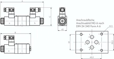 Zawór hydrauliczny 4/3, gwint norm. 6 (Alternatywnie) E tłok, 12 V DC