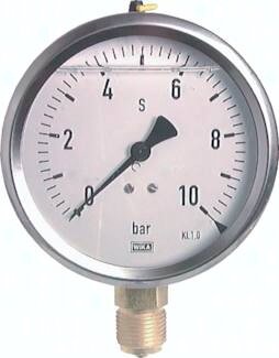 Manometr glicerynowy pionowy (CrNi/mos.) D100, -1 do 0 bar