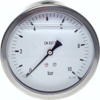 Manometr glicerynowy poziomy (CrNi/mos.) D100, -1 do 0 bar