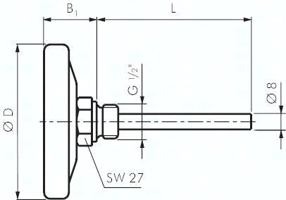 Termometr bimetaliczny poziomy, D160, 0-250°C, 200mm