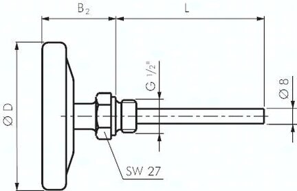 Termometr bimetaliczny poziomy, D160, 0-300°C, 200mm
