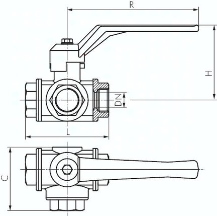 Zawór kulowy 3-drogowy, mosiądz, typ L, Rp 2-1/2", PN40