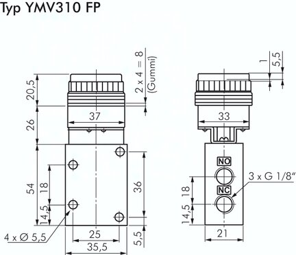 Zawór mechaniczny 3/2 G1/8, przycisk kryty zielony