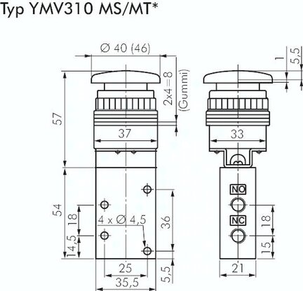Zawór mechaniczny 3/2 G1/8, przycisk grzybkowy zielony
