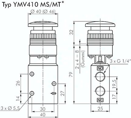 Zawór mechaniczny 3/2 G1/4, przycisk grzybkowy czerwony