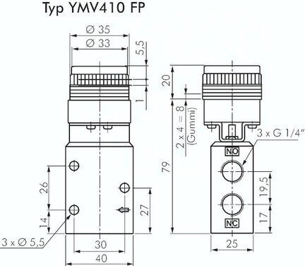 Zawór mechaniczny 3/2 G1/4 przycisk kryty czarny