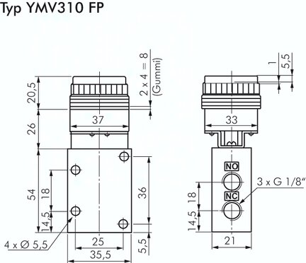 Zawór mechaniczny 3/2 G1/8, przycisk kryty czerwony