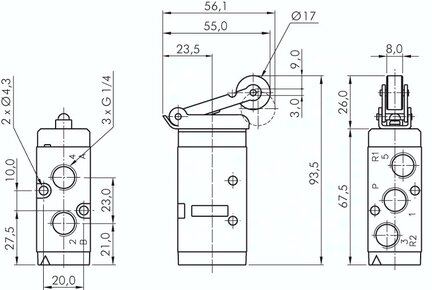 Zawór mechaniczny sterowany dźwignią z rolką stalową 5/2 G 1/4 (odpowietrzenia G 1/8)