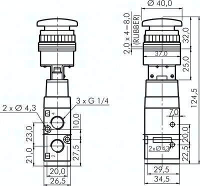 Zawór mechaniczny 5/2 G1/4 (odpowietrzenia G1/8), przycisk grzybkowy czarny