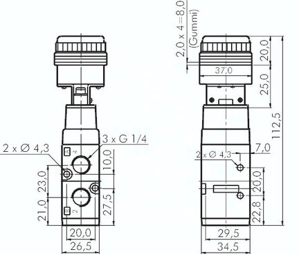 Zawór mechaniczny 5/2 G1/4 (odpowietrzenia G1/8), przycisk kryty czerwony