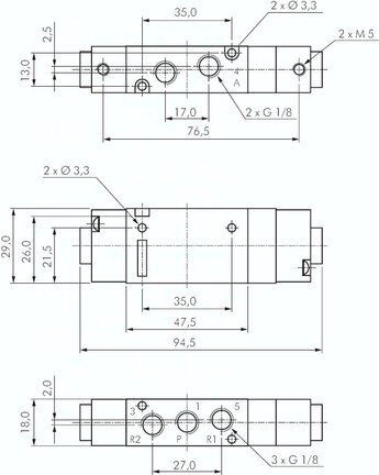 Zawór pneumatyczny 5/3 G 1/8" (pilot M5), w poł. środkowym zasilany