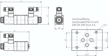Zawory 4/2-drogowe, gwint norm. 6 (Bosch-Rexroth) HB tlok, 230 V AC
