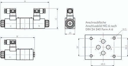 Zawory 4/3-drogowe, gwint norm. 6 (Bosch-Rexroth) J tlok, 230 V AC
