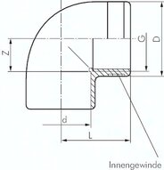 Kolano gwintowane-klejone 90°, PVCU, 50mm x Rp 1 1/2"(GW)