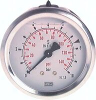 Manometr glicerynowy poziomy (CrNi/mos.) D63, -1 do 0,6 bar