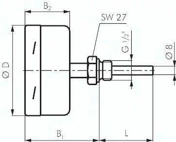 Termometr bimetaliczny poziomy, D100, 0-100°C, 100mm