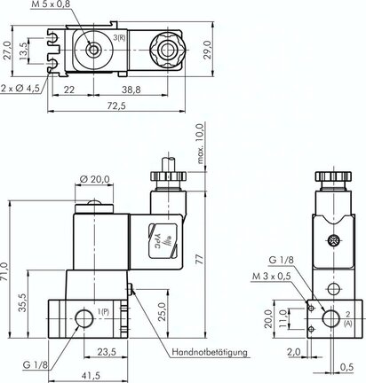 Elektrozawór 3/2 G 1/8 (NC) (odpowietrzenie M5), 24 V DC